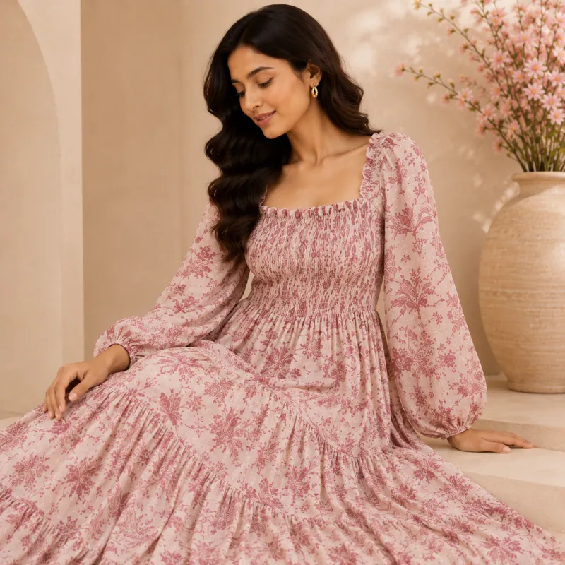 Boho Tiered Maxi Dress with Balloon Sleeves