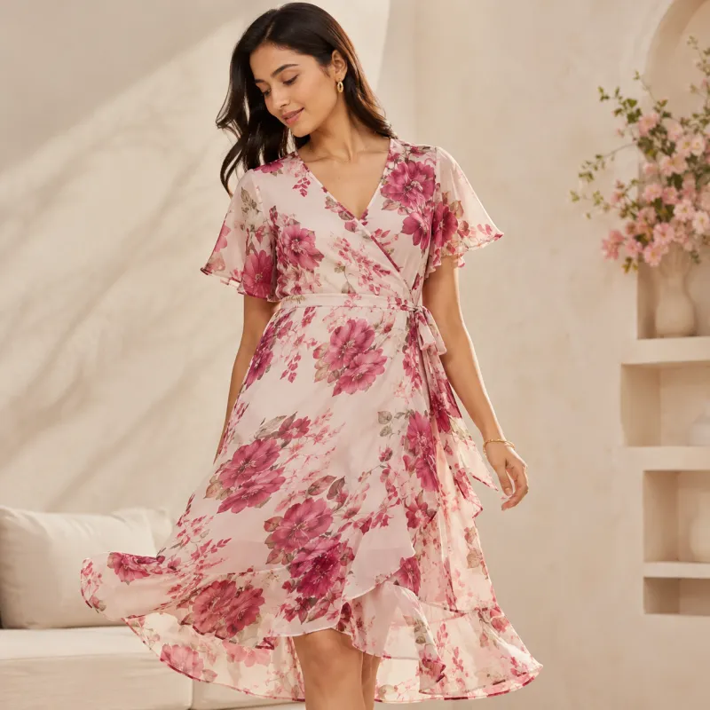 Floral Print Georgette Wrap Dress with Tie-Waist