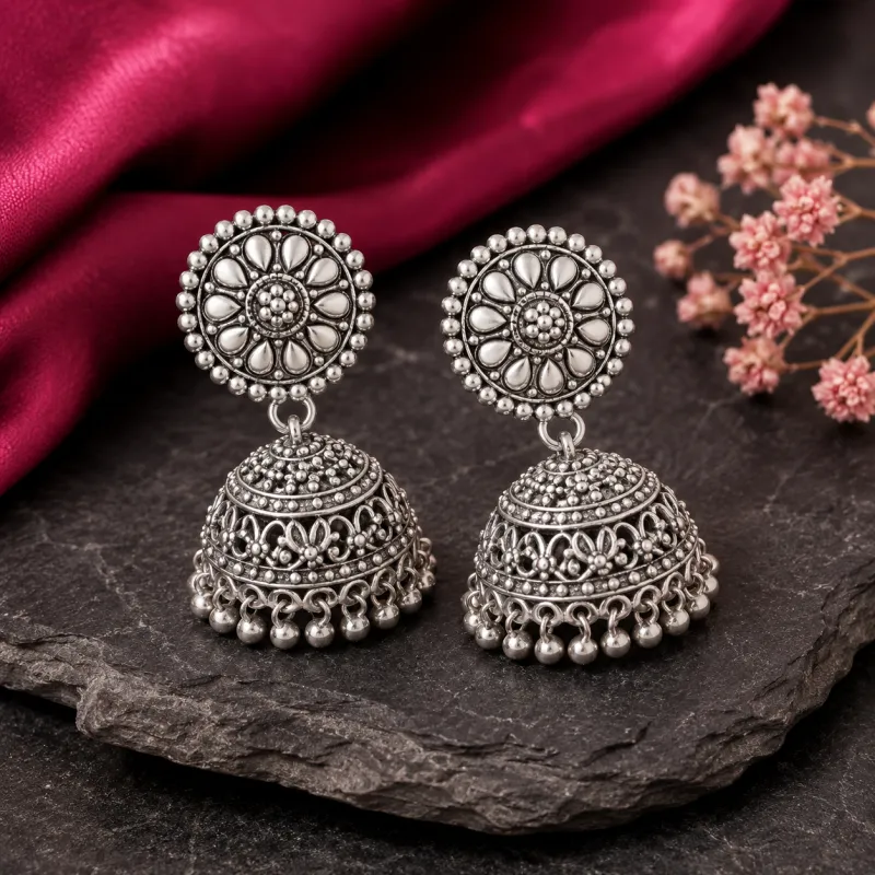 Oxidised Silver Jhumka Danglers