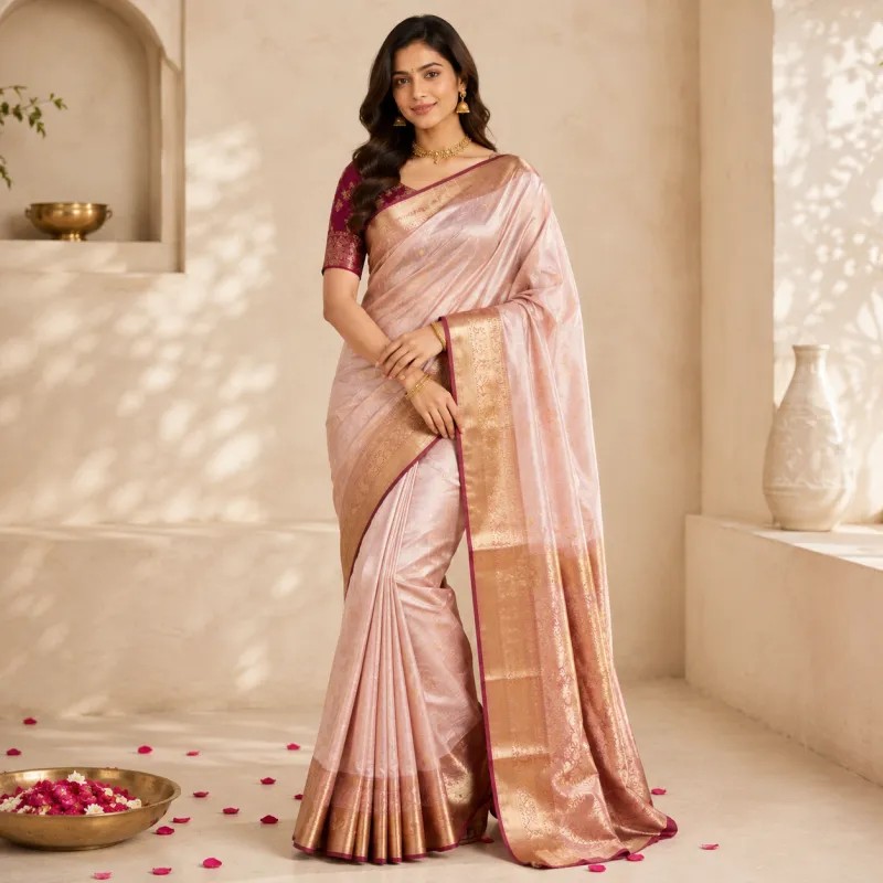 Zari-Border Soft Silk Saree with Unstitched Blouse Piece