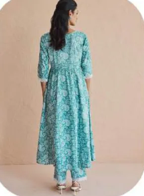 Aqua Blue Floral Print Anarkali Cotton Kurta Set with Dupatta