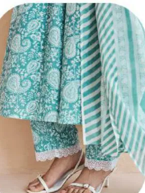 Aqua Blue Floral Print Anarkali Cotton Kurta Set with Dupatta