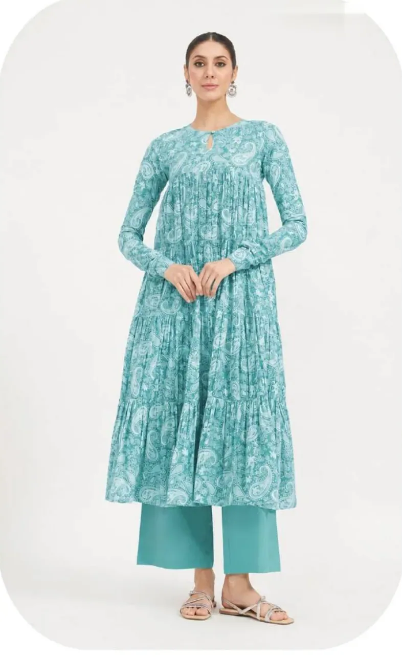 Aqua Floral Print Tiered Anarkali Cotton Kurti