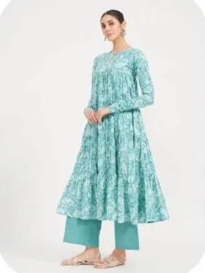 Aqua Floral Print Tiered Anarkali Cotton Kurti