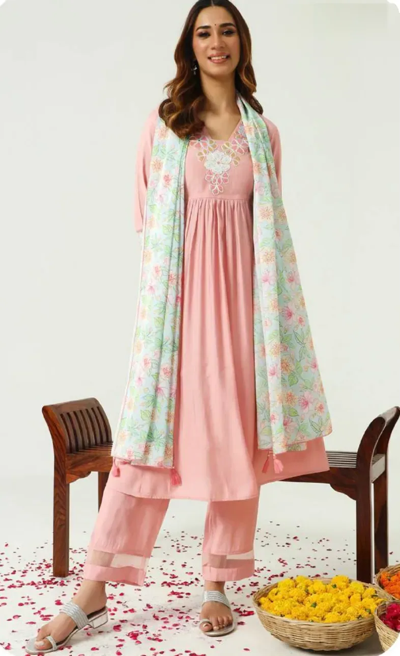 Baby Pink Embroidered Viscose Chanderi Kurta Set with Dupatta