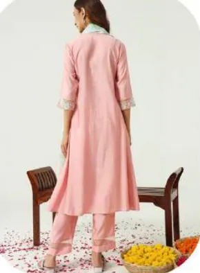 Baby Pink Embroidered Viscose Chanderi Kurta Set with Dupatta