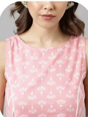 Baby Pink Print Sleeveless Cotton Kurti Pant Set