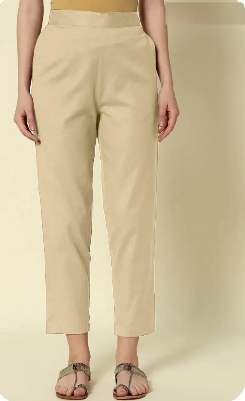 Beige Cotton Narrow Pants