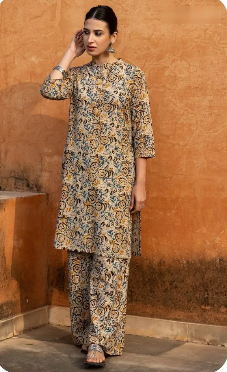 Beige Kalamkari Print Cotton Kurti Pant Set