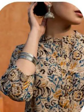 Beige Kalamkari Print Cotton Kurti Pant Set