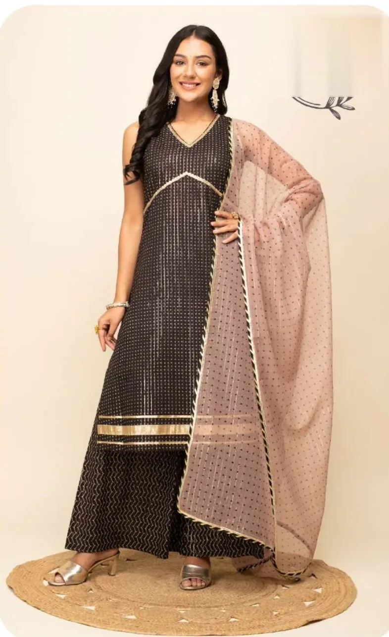 Black Anarkali Lurex Cotton Kurta Palazzo Set with Dupatta