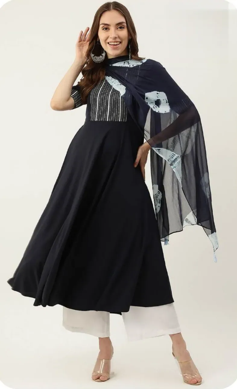 Black Anarkali Poly Crepe Kurti with Dupatta