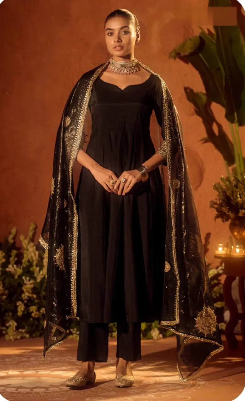 Black Anarkali Viscose Chanderi Kurta Set with Dupatta