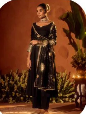 Black Anarkali Viscose Chanderi Kurta Set with Dupatta
