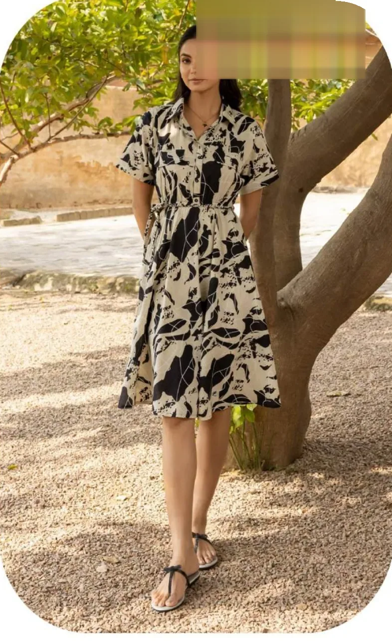 Black Beige Abstract Print Cotton Dress