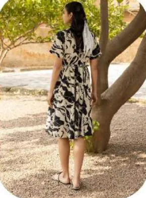Black Beige Abstract Print Cotton Dress