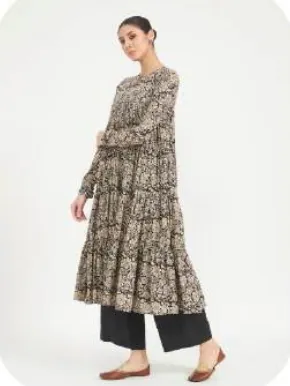 Black-Beige Print Anarkali Cotton Kurti