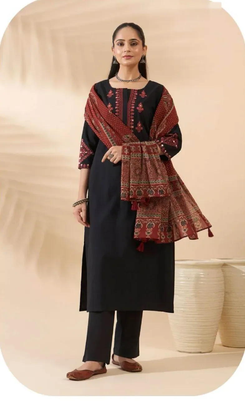 Black Cotton Kurta Set with Dupatta