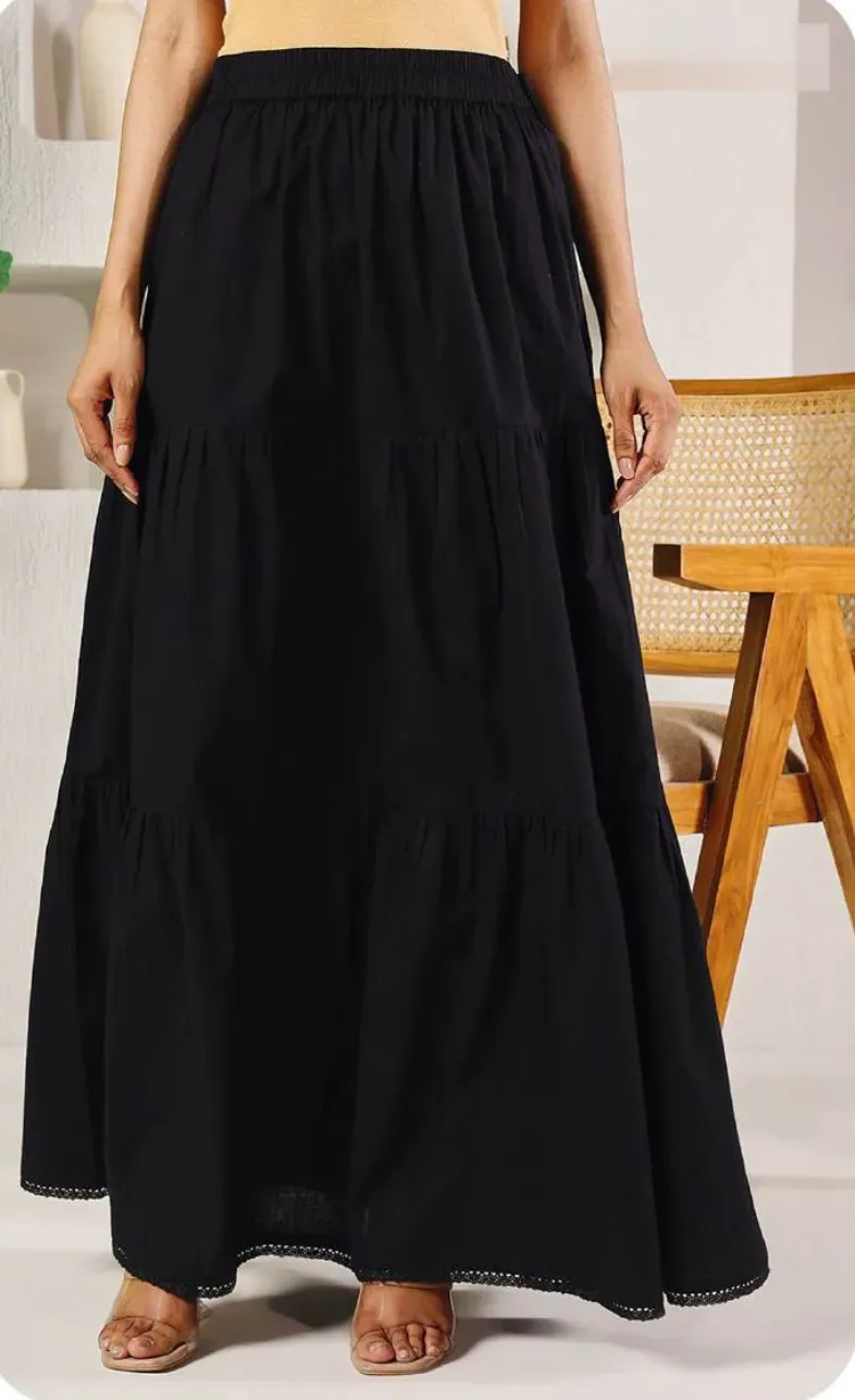 Black Cotton Tiered Skirt