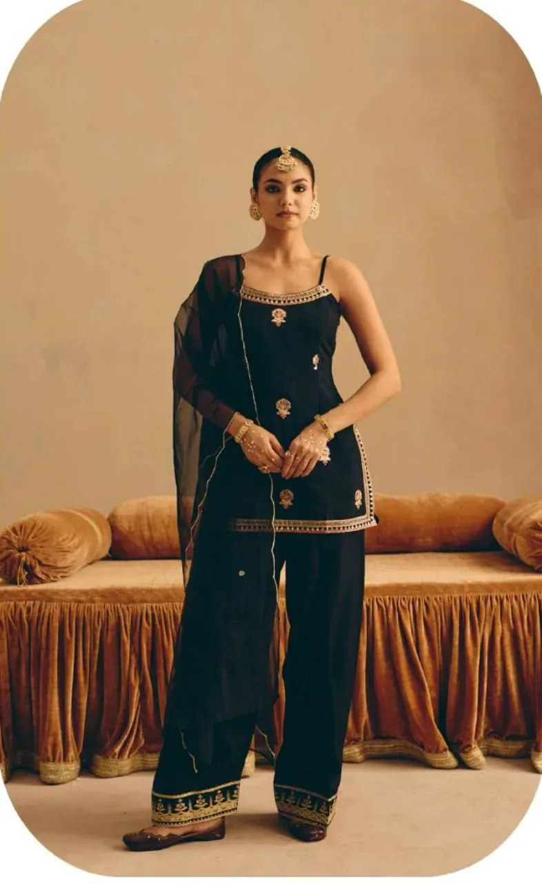 Black Embroidered Viscose Chanderi Kurta Palazzo Set with Dupatta