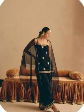 Black Embroidered Viscose Chanderi Kurta Palazzo Set with Dupatta