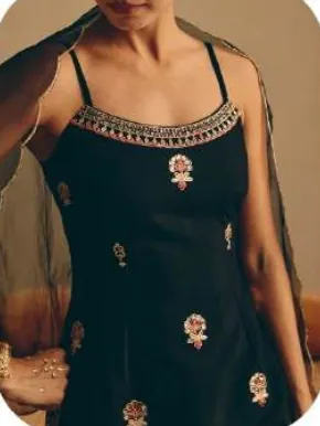 Black Embroidered Viscose Chanderi Kurta Palazzo Set with Dupatta