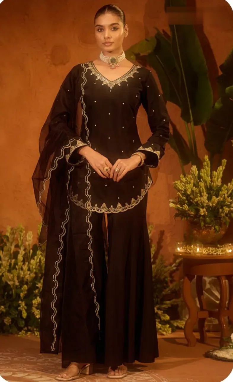 Black Embroidered Viscose Chanderi Kurta Set with Dupatta