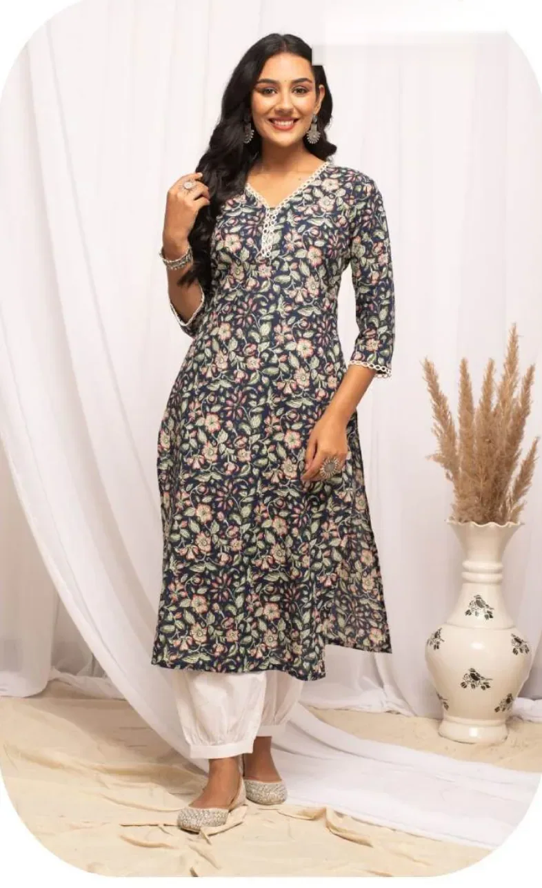 Black Floral Print Straight Cotton Kurti