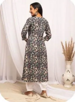 Black Floral Print Straight Cotton Kurti