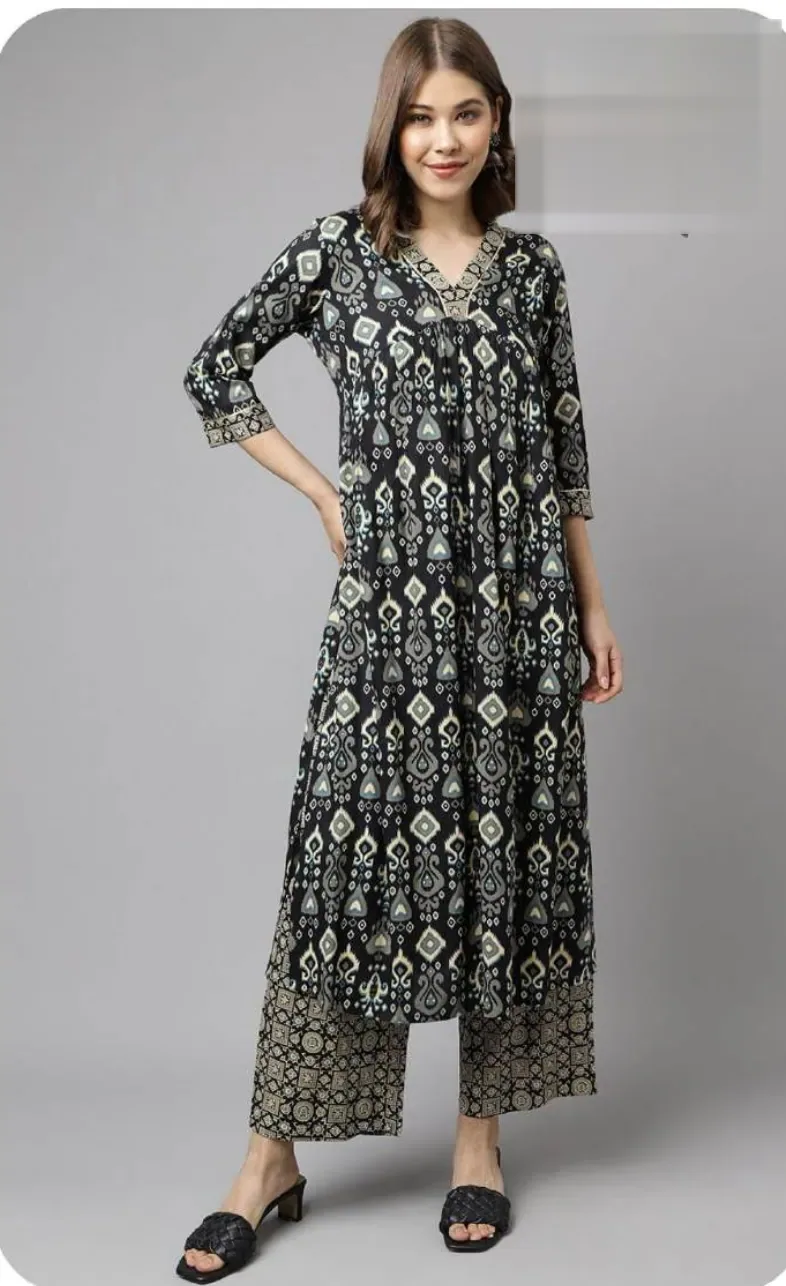 Black Gold Print Anarkali Cotton Kurti Pant Set