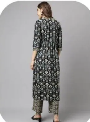 Black Gold Print Anarkali Cotton Kurti Pant Set