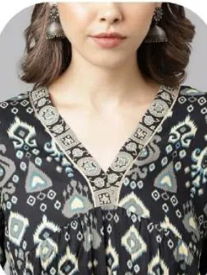 Black Gold Print Anarkali Cotton Kurti Pant Set