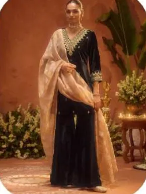 Black Ice Velvet Kurta Palazzo Set with Dupatta