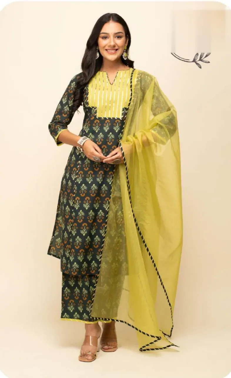 Black Print Cotton Kurta Palazzo Set with Dupatta