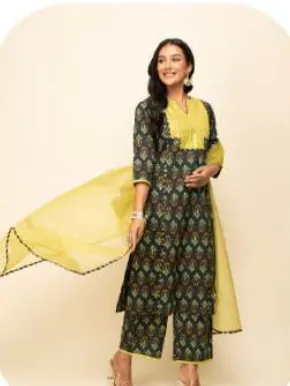 Black Print Cotton Kurta Palazzo Set with Dupatta