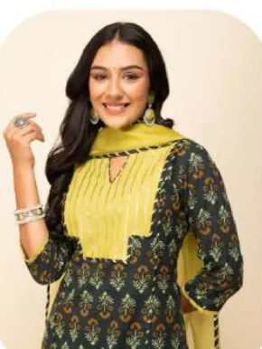 Black Print Cotton Kurta Palazzo Set with Dupatta