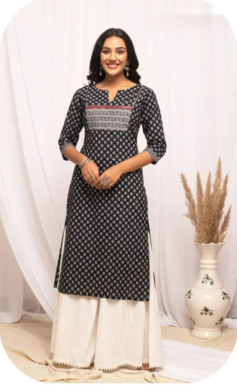 Black Printed Straight Cotton Kurti