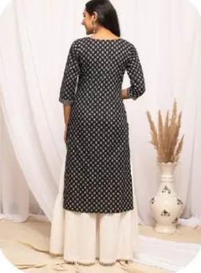 Black Printed Straight Cotton Kurti