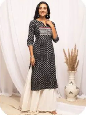 Black Printed Straight Cotton Kurti