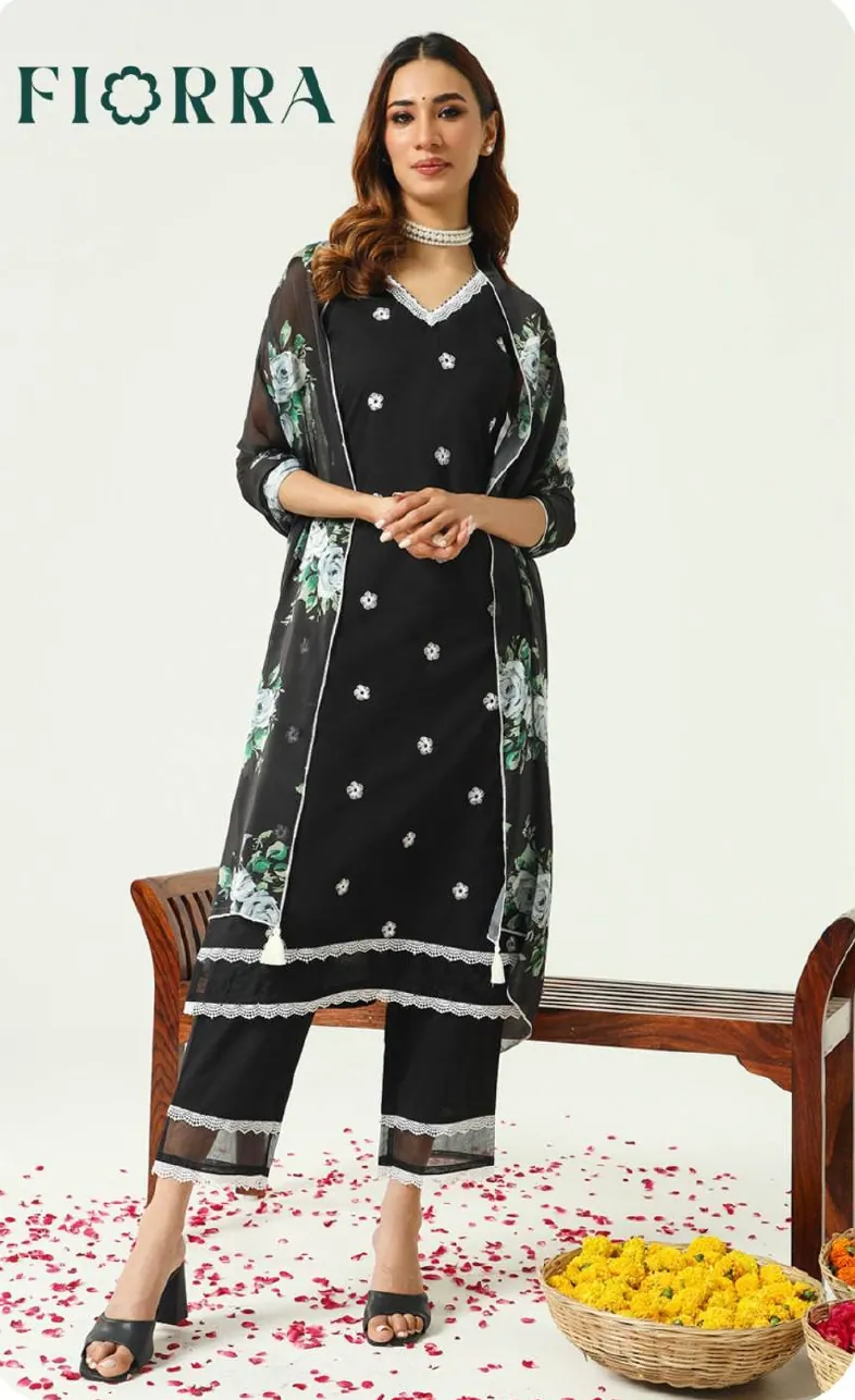 Black White Embroidered Cotton Kurta Set with Dupatta