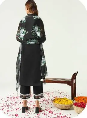 Black White Embroidered Cotton Kurta Set with Dupatta