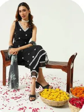 Black White Embroidered Cotton Kurta Set with Dupatta