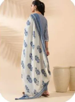 Blue Embroidered Cotton Kurta Set with Dupatta