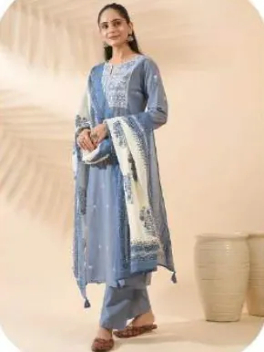Blue Embroidered Cotton Kurta Set with Dupatta