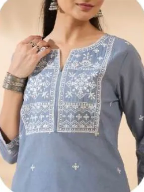 Blue Embroidered Cotton Kurta Set with Dupatta