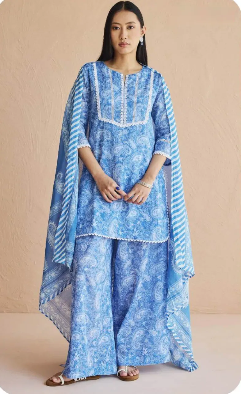 Blue Floral Print Cotton Kurta Set with Dupatta