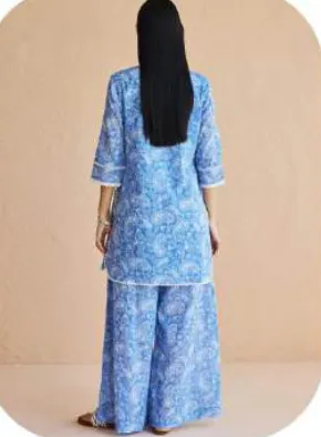 Blue Floral Print Cotton Kurta Set with Dupatta