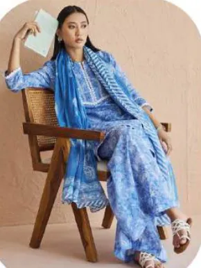 Blue Floral Print Cotton Kurta Set with Dupatta