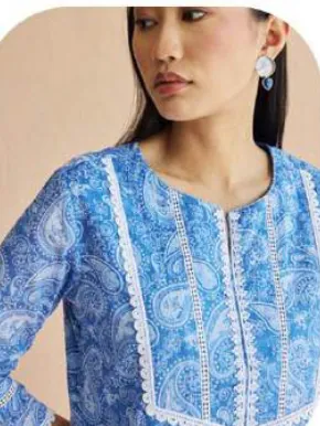 Blue Floral Print Cotton Kurta Set with Dupatta
