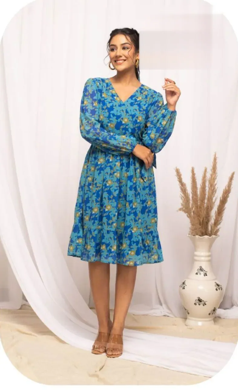 Blue Floral Print Wrap Midi Georgette Dress